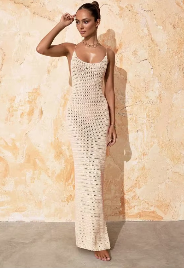 Spaghettiträger Strandkleid Cover Up Kleid Xiva Gestrickt in&nbsp;Creme