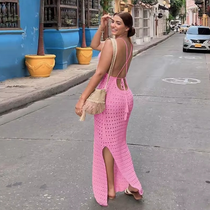 Spaghettiträger Strandkleid Cover Up Kleid Xiva Gestrickt in&nbsp;Rosa