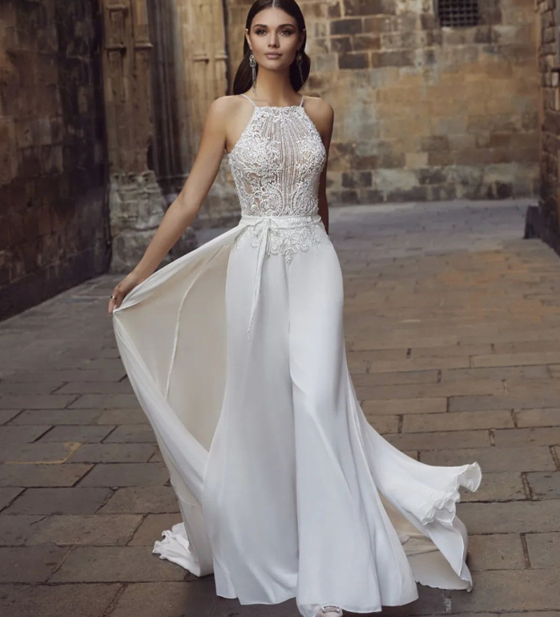 Boho Braut Overall Jumpsuit Einteiler mit Spitze und&nbsp;Schärpe