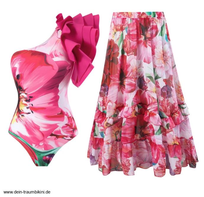 One Shoulder Badeanzug Zivana mit Blumenmuster und Rock im&nbsp;Set