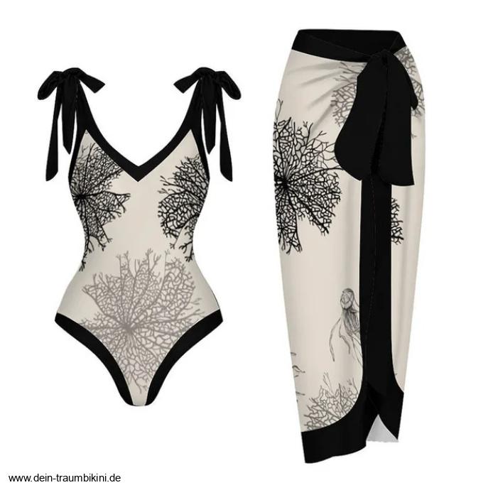 Retro Style Badeanzug Zelinda in Beige Schwarz mit Rock im&nbsp;Set