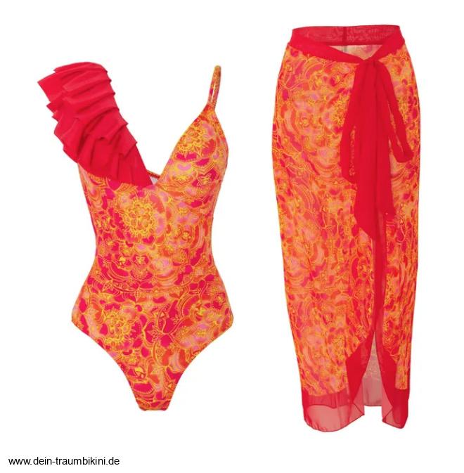 Retro Style Badeanzug Zola in Orange Rot mit Rock im&nbsp;Set