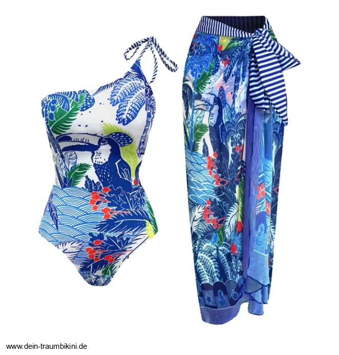 One Shoulder Animal Print Badeanzug Blau mit Rock im&nbsp;Set