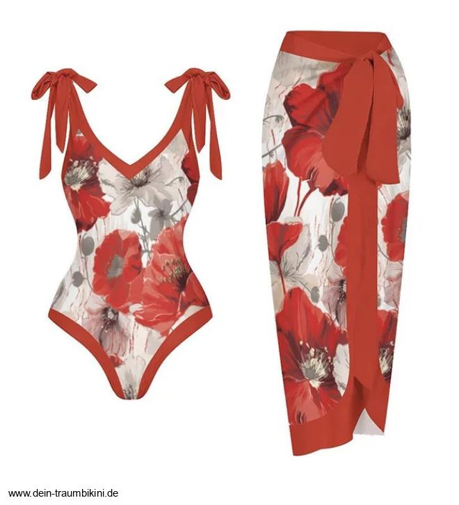 Ziva Badeanzug Rot mit Blumenmuster und Rock im&nbsp;Set