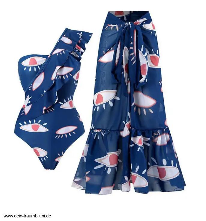 One Shoulder Badeanzug Zeliha Blau mit Rock im&nbsp;Set