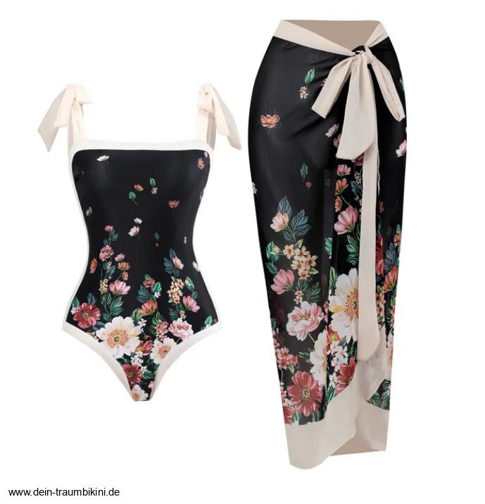 Badeanzug Zäzilie Schwarz mit Blumenmuster und Rock im&nbsp;Set