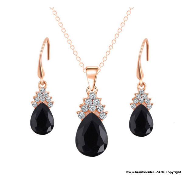 Kristall Anhänger mit Halskette und Ohrringe Brautschmuck Set in Gold&nbsp;Schwarz
