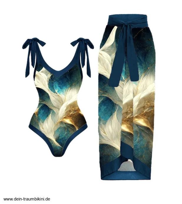 Badeanzug Zuri Blau mit Blumenmuster und Rock im&nbsp;Set