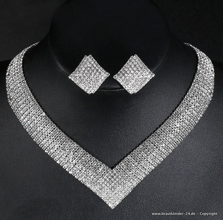 Luxus Kristall Brautschmuck Set in Silber Halskette mit&nbsp;Ohrringe