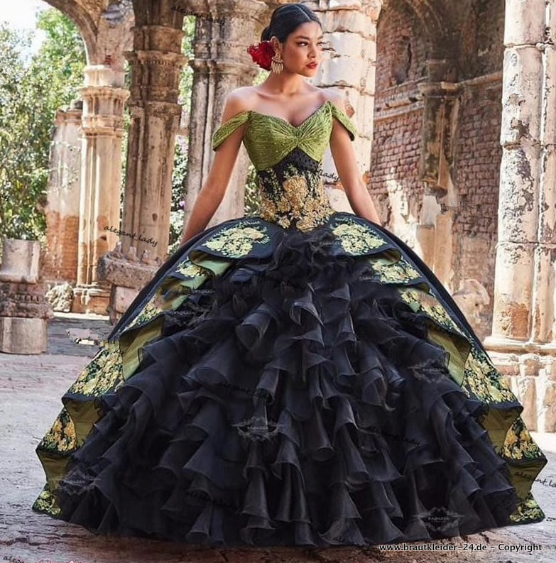 Quinceanera Brautkleid Maxime in Schwarz Grün mit&nbsp;Stickereien