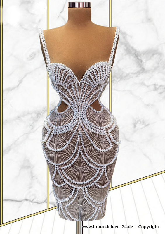 Einzigartiges Brautkleid Kurz mit Perlen&nbsp;Bestickt