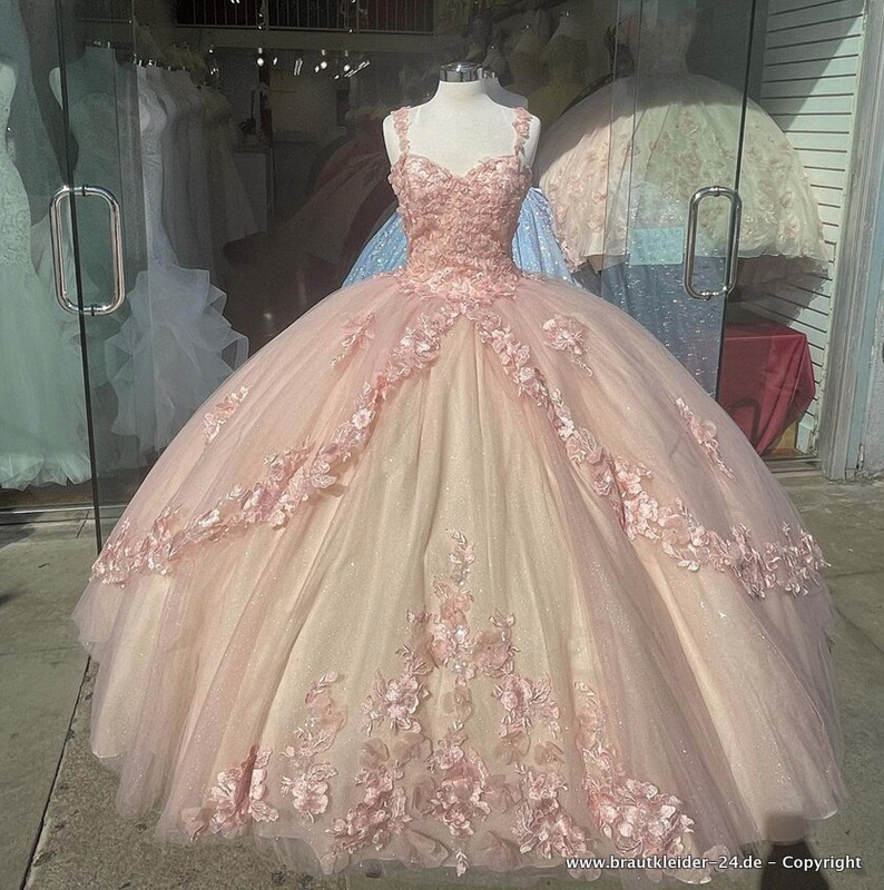 Rosa Sparkly Quinceanera Brautkleid mit Träger und Blumen&nbsp;Spitze