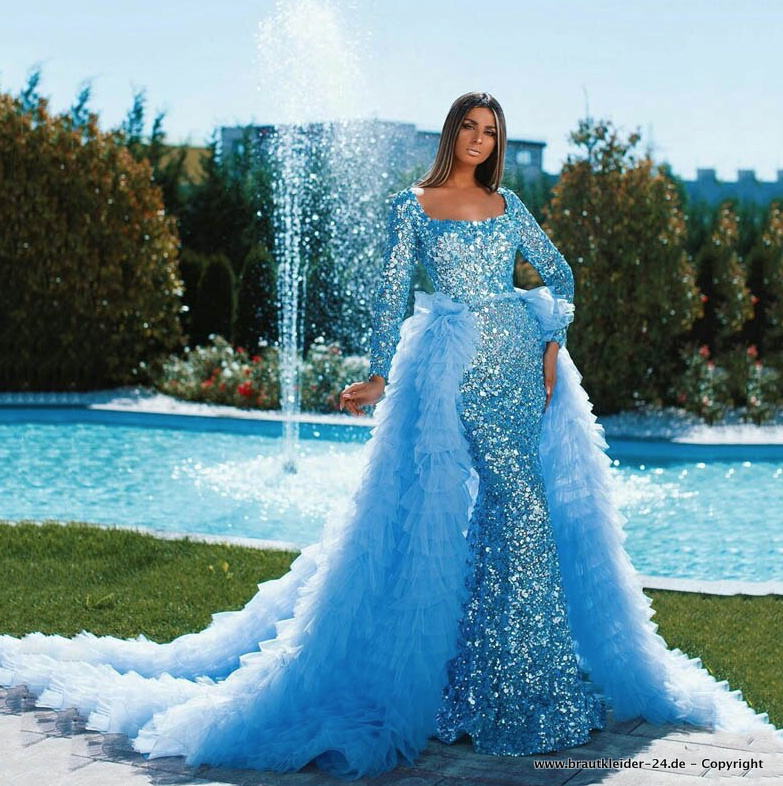 Glitzer Meerjungfrau Brautkleid mit Perlen und Abnehmbare Schleppe&nbsp;Blau