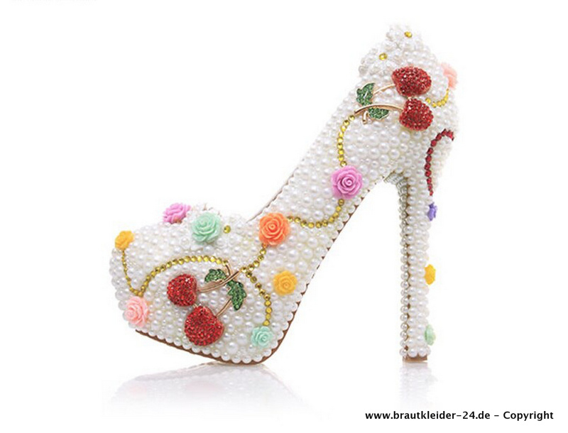 High Heels Brautschuhe Abendschuhe mit Weiße Perlen und 3D Blumen bis Gr&nbsp;43