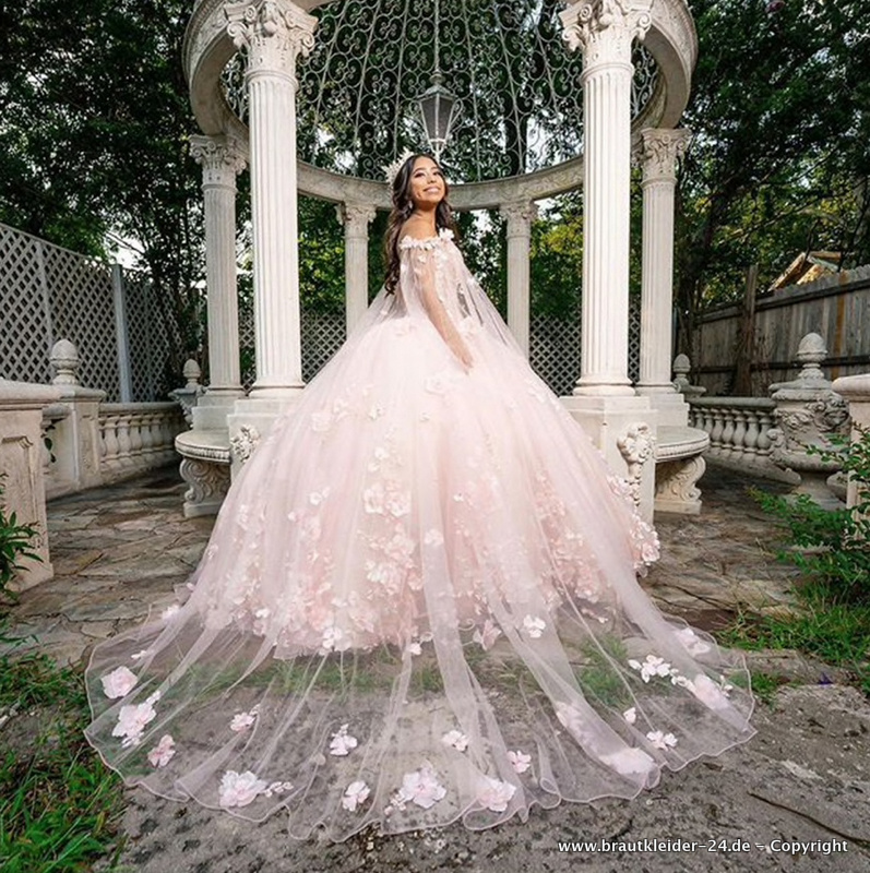 Rosa Quinceanera Kleid Brautkleid Neela mit Tüll Schleppe und&nbsp;Blumen