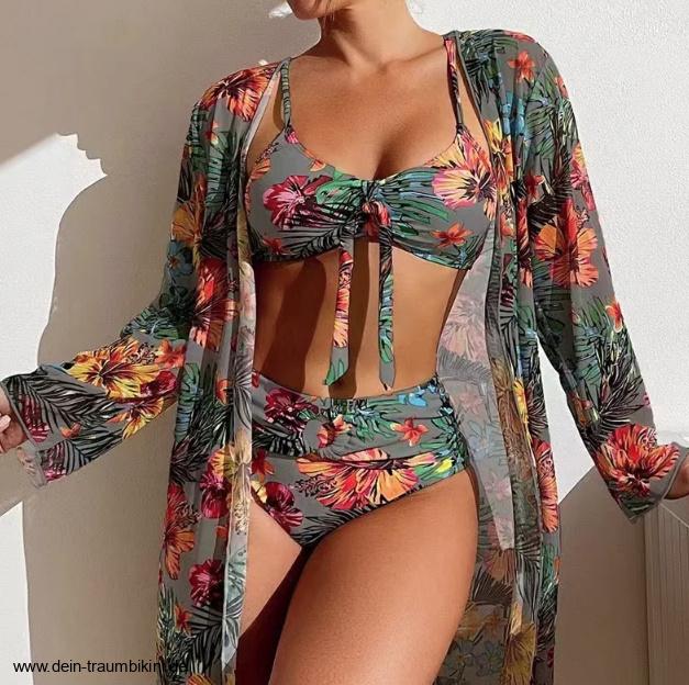 High-Waist Triangle Blumenmuster Bikini Set Dreiteilig Zilly mit Langarm Bluse&nbsp;Grau