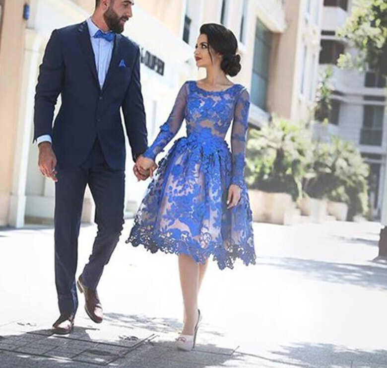 A Linie Kleid Elegant für Hochzeitsgäste in Royalblau mit Spitze&nbsp;Knielang