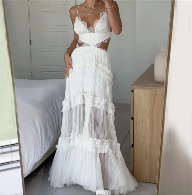 Spaghettiträger Boho Style Standesamtkleid Brinja Lang in Weiß mit Cut&nbsp;Outs