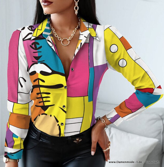 Patchwork Langarm Damen Bluse Elegant Bunt&nbsp;Gemustert