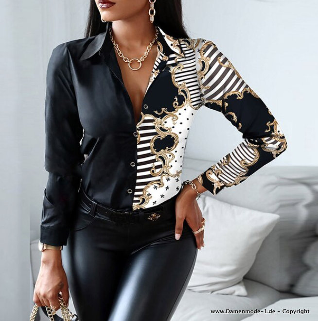 Patchwork Langarm Damen Bluse Elegant Schwarz Retro&nbsp;Muster