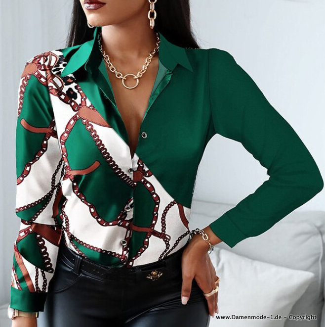 Patchwork Langarm Damen Bluse Elegant Grün Weiß&nbsp;Gemustert