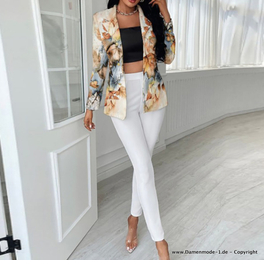 Business Hosenanzug Schmal Geschnitten Weiß Beige mit&nbsp;Blumenmuster