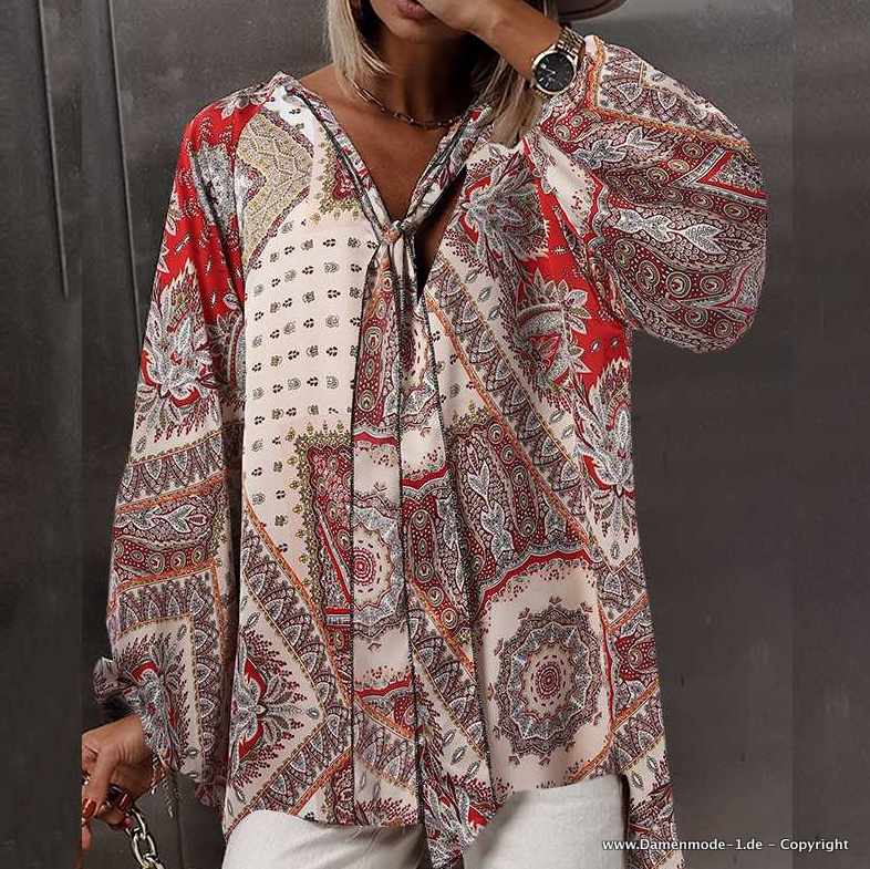 Tunika Style Damen Bluse Leger Rot&nbsp;Gemustert