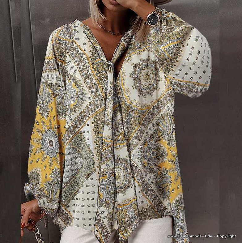 Tunika Style Damen Bluse Leger Gelb&nbsp;Gemustert