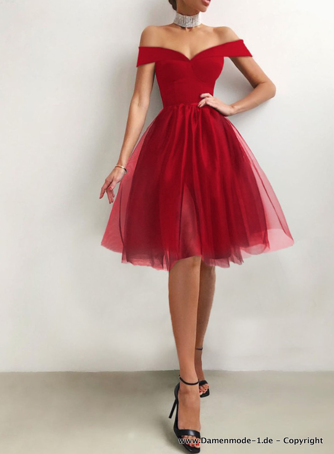 Schulterfreies Tüll Satin Cocktailkleid in Rot