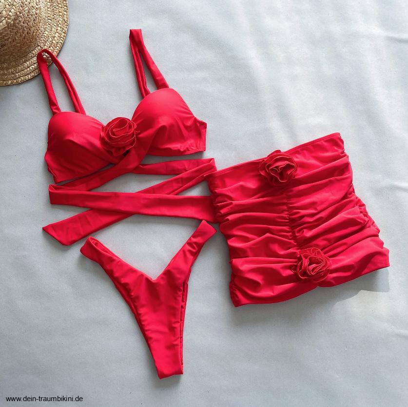 Push-Up High-Waist Bikini Zyndi in Rot mit Minirock und&nbsp;Blumen