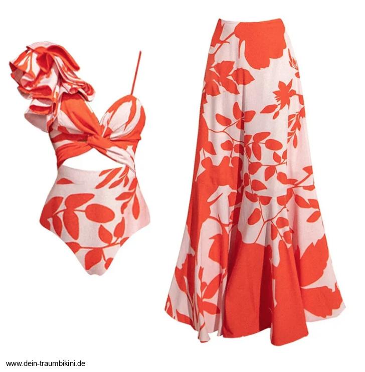 Sexy Cut Out Badeanzug mit Blumenmuster mit Rock im Set Orange&nbsp;Weiß