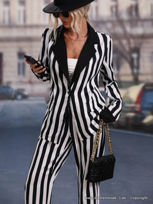Eleganter Hosenanzug für Damen mit Revers Kragen in Schwarz Weiß&nbsp;Gestreift