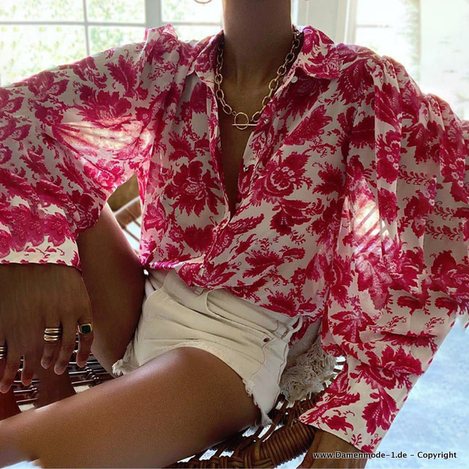 Chiffon Langarm Bluse in Weiß mit&nbsp;Blumenmuster