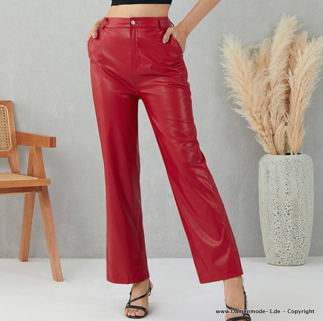 Streetwear PU Leder Damen Hose Gerade Geschnitten&nbsp;Rot