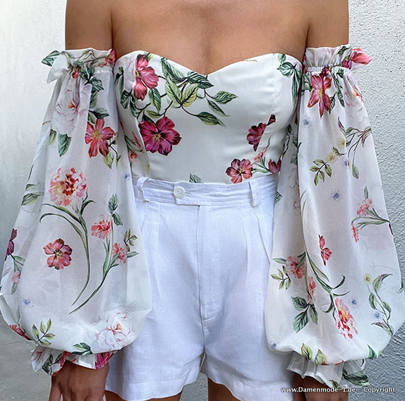 Elegante Damen Bluse Schulterfrei in Weiß mit&nbsp;Blumenmuster