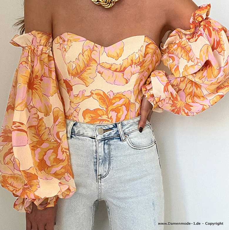 Elegante Damen Bluse Schulterfrei in Gelb mit&nbsp;Blumenmuster