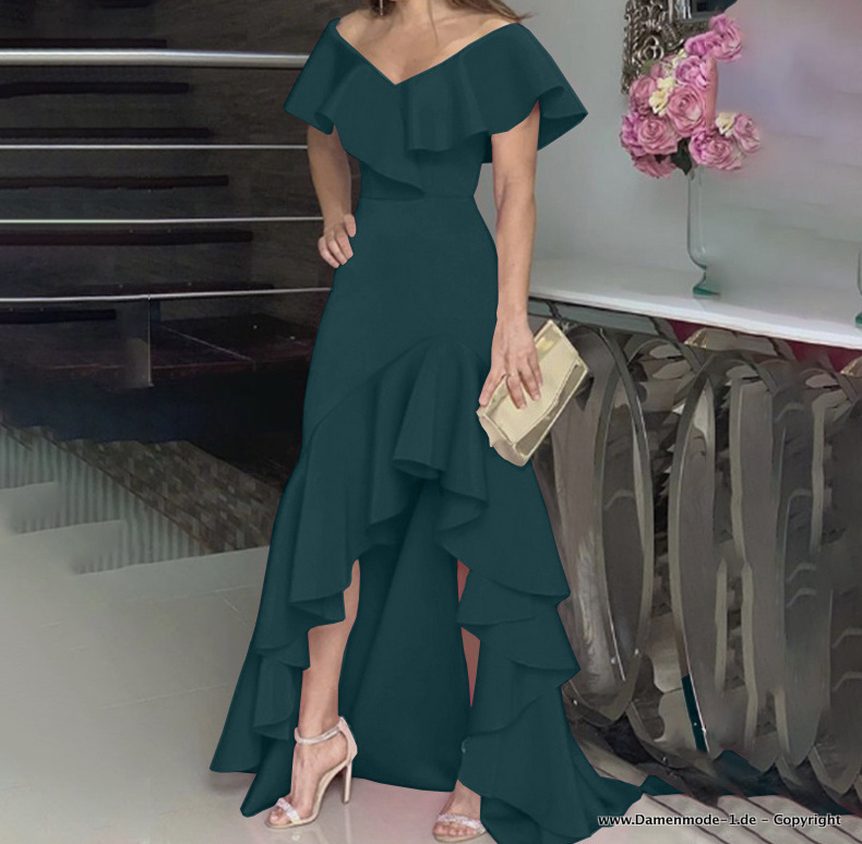 Elegantes Fit And Flair Vokuhila Kleid in Dunkelgrün