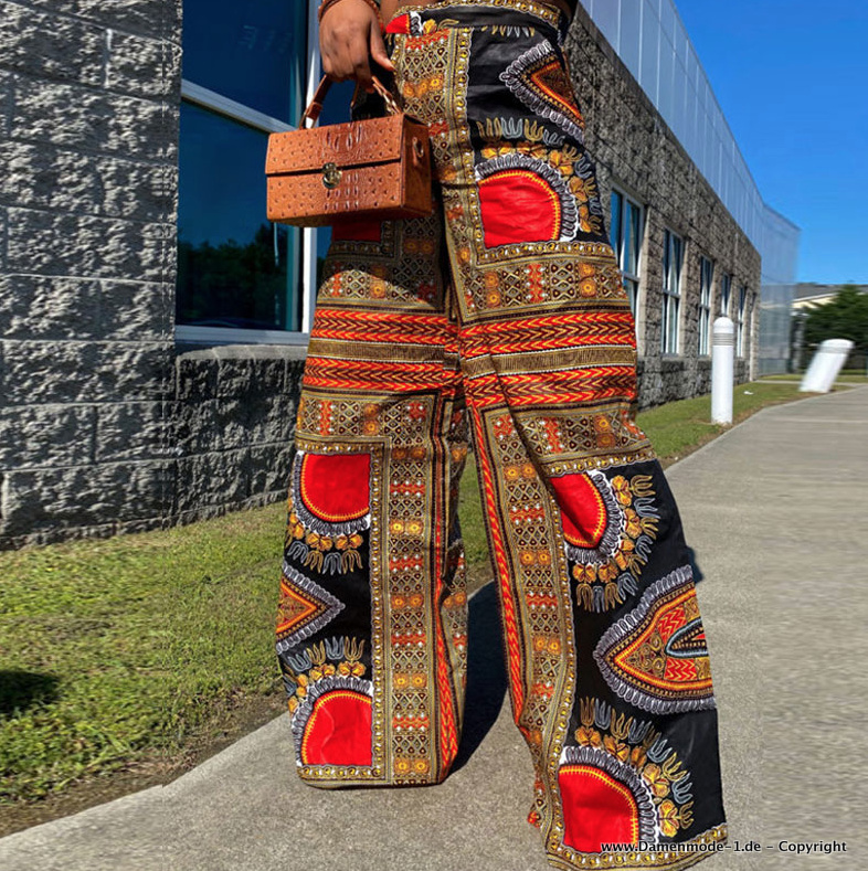 Boho Style Damen Hose Lang in Schwarz mit Vintage&nbsp;Muster