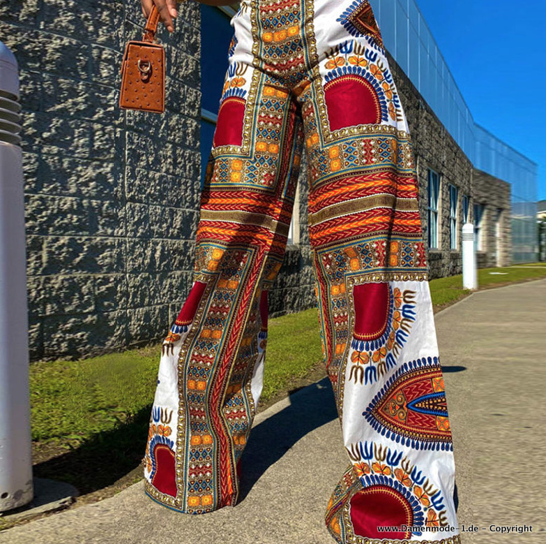 Boho Style Damen Hose Lang in Weiß mit Vintage&nbsp;Muster