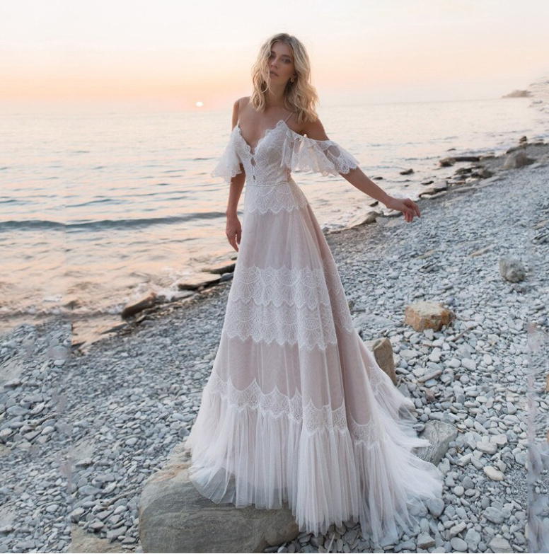 A Linie Boho Brautkleid Aluna mit Spaghetti&nbsp;Träger