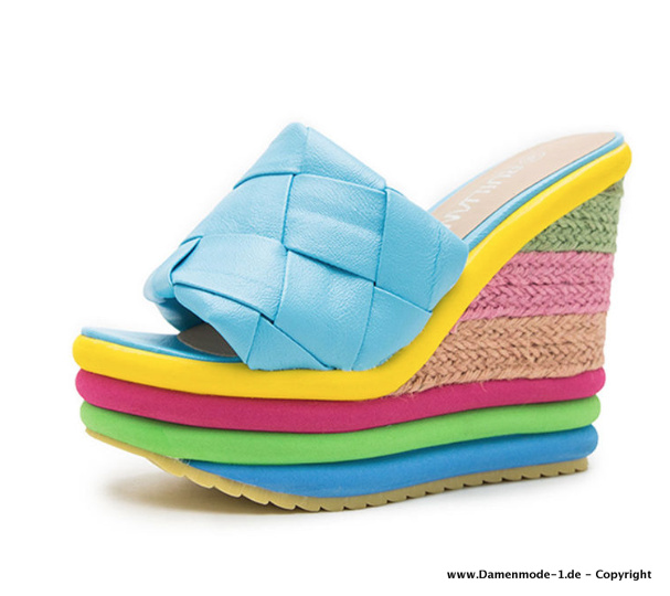 Bunte Sommer Plateau Schuhe Slippers Hellblau bis Gr&nbsp;43