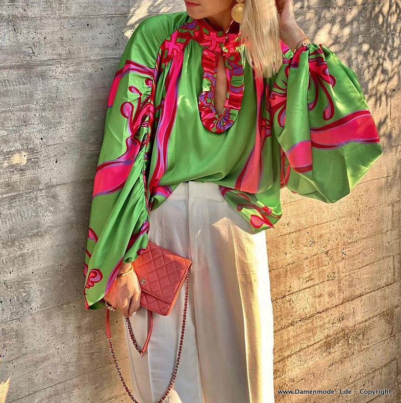 Satin Damen Bluse mit Laternen Ärmel in Grün Rot&nbsp;Muster