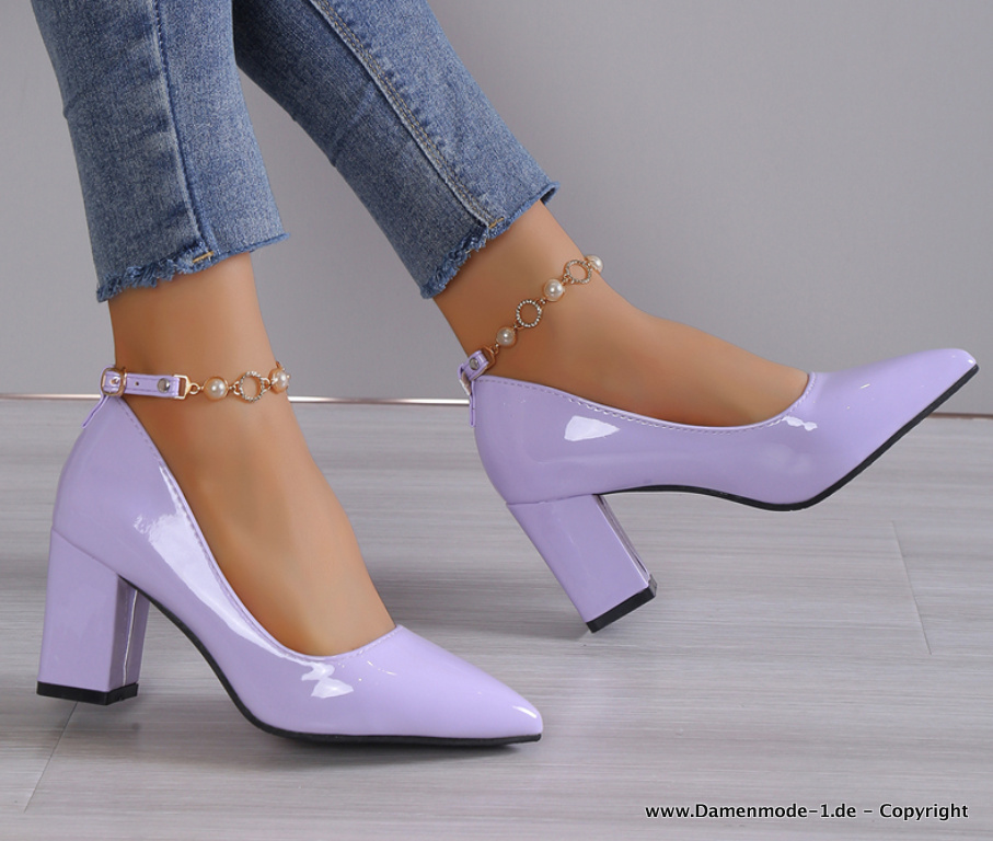 Luxus Strass Lack Leder Damen Pumps mit Perlen Kette bis Gr 43 in Lila