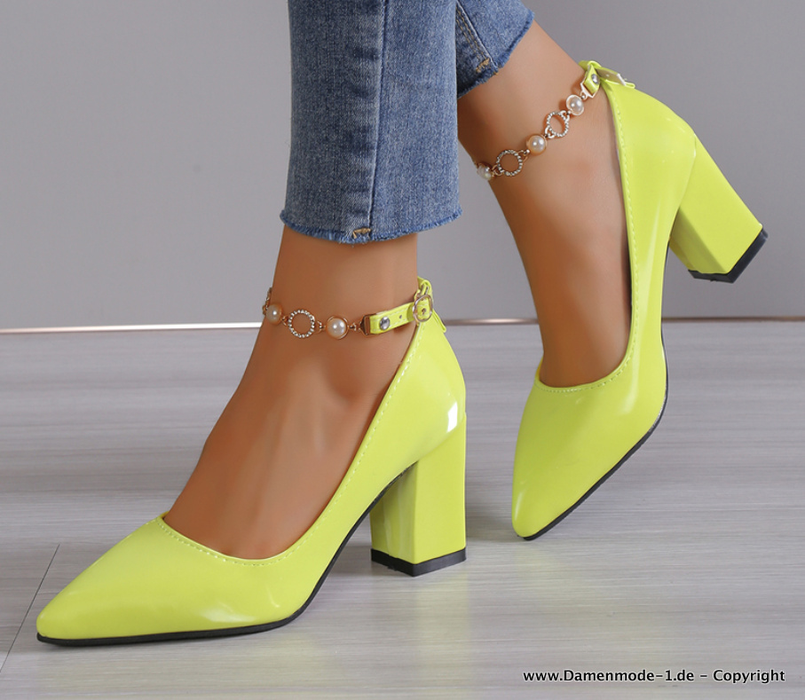 Luxus Strass Lack Leder Damen Pumps mit Perlen Kette bis Gr 43 in&nbsp;Gelb