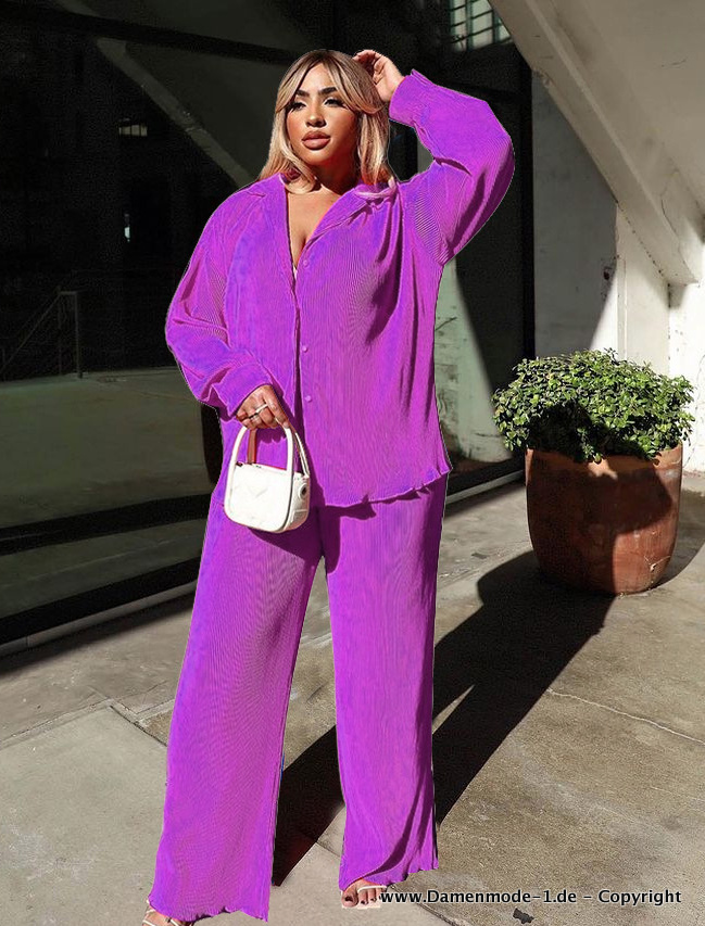 Damen Outfit Sweatsuit Bluse mit Hose im Set&nbsp;Fuchsie