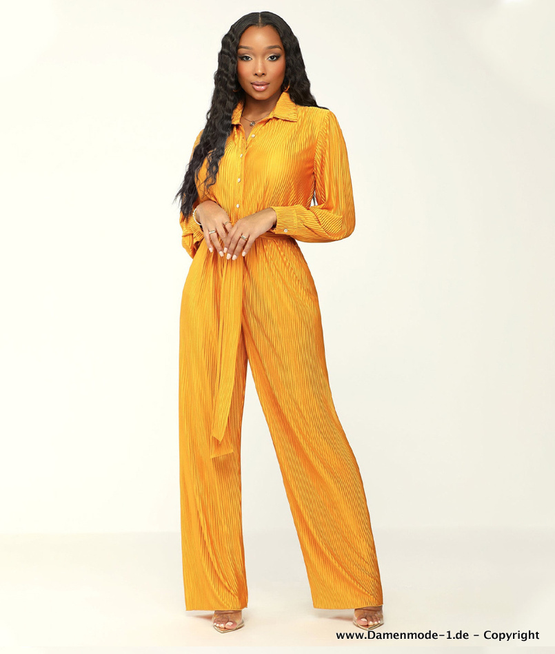 Langarm Plissee Overall Einteiler Lang in Gelb&nbsp;Elegant