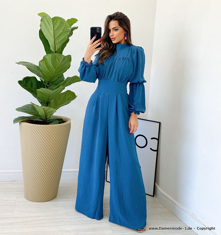 Langarm Jumpsuit Overall Einteiler Lang in Blau mit Laternen&nbsp;Ärmel