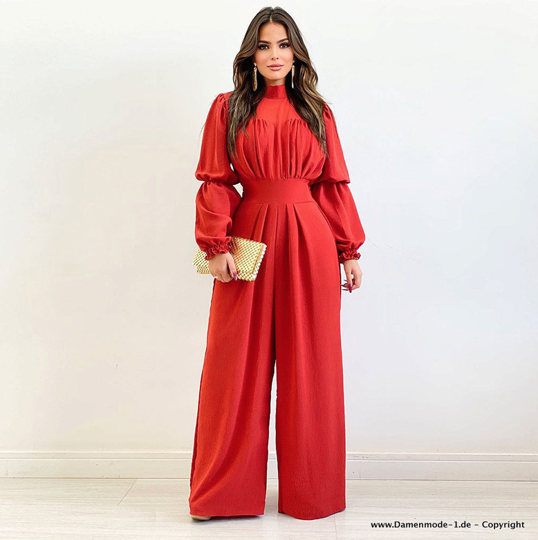 Langarm Jumpsuit Overall Einteiler Lang in Rot mit Laternen&nbsp;Ärmel