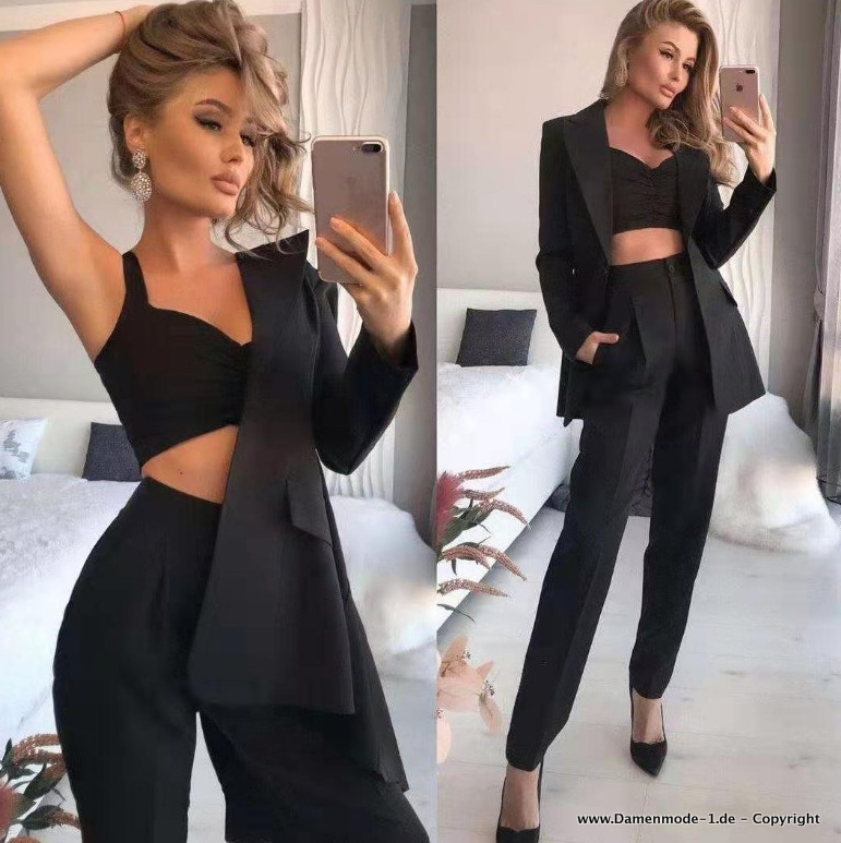 Damen Hosenanzug Dreiteilig Schmal Geschnitten in&nbsp;Schwarz