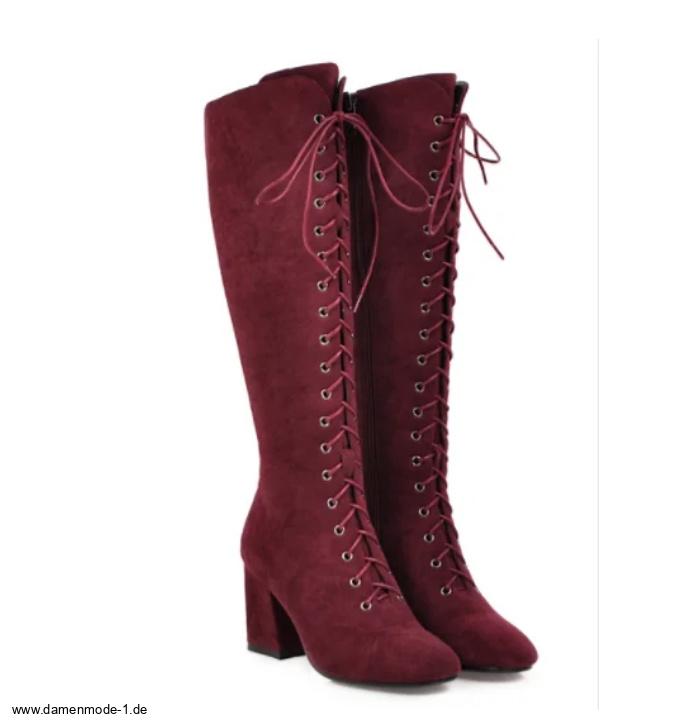 Damen Schnürstiefel mit Blockabsatz in Weinrot bis Gr&nbsp;43